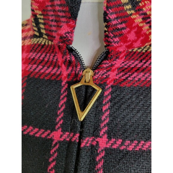 Vintage Dutchmaid Pink Red Plaid Wool Tweed Poncho w. Fringe Jr. Miss 16-18 - Picture 7 of 8